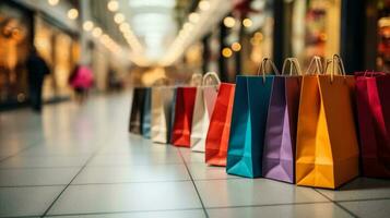 Friends with shopping bags in shopping mall background with empty space for text photorealism photo