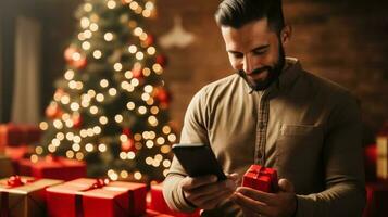 Man using a mobile app to snag a cyber monday deal photo