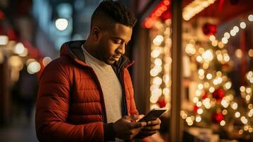 Man using a mobile app to snag a cyber monday deal photo