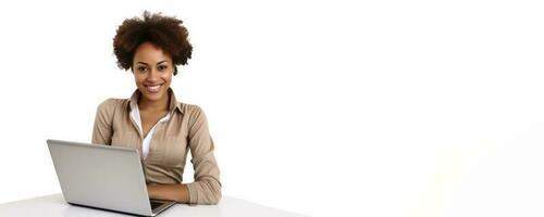 Woman with laptop white background photo