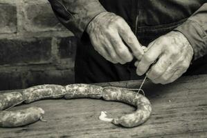 Homemade sausages preparation, Patagonia, Argentina photo
