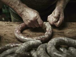 Handmade sausages traditional preparation, Patagonia, Argentina photo