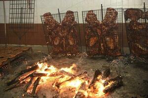 Gaucho roast barbecue, sausage and cow ribs, traditional argentine cuisine, Patagonia, Argentina. photo