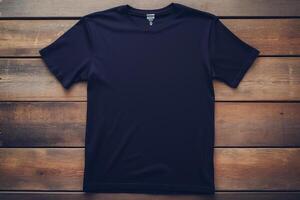 Blank navy blue t-shirt mockup on wooden background, mockup illustration, Generative AI photo