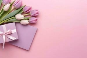 Top view of gift boxes with bows bouquets of tulips envelope with postcard and sprinkles on isolated pastel pink background with copy space, Generative AI photo