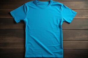 Blank blue t-shirt mockup on black wooden background, mockup illustration, Generative AI photo