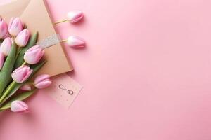 Top view of gift boxes with bows bouquets of tulips envelope with postcard and sprinkles on isolated pastel pink background with copy space, photo