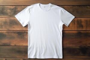 Blank white t-shirt mockup on wooden background, Generative AI photo