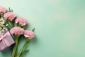 Top view of pink present boxes with ribbon, carnation flowers on a soft pastel green background with copy space, Generative AI photo