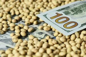 Dollars banknotes and coins and soy beans, commoditi value concept. photo