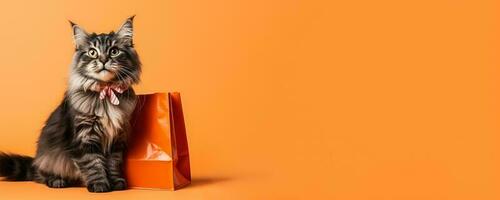 Happy cat with shopping bags on a vivid orange background with empty space for text photo