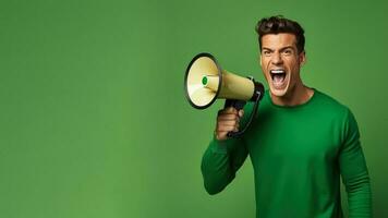 emocional chico con un megáfono verde antecedentes con vacío espacio para texto foto