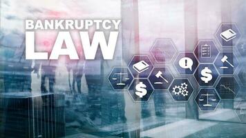 Bankruptcy law concept. Insolvency law. Judicial decision lawyer business concept. Mixed media financial background. photo