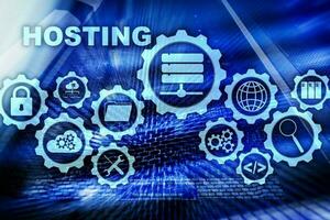 Web Hosting Technology Internet and Networking Concept. On Server room background. Virual screen photo