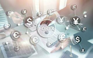 Forex trading currency exchange business finance diagrams dollar euro icons on blurred background. photo