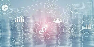 Abstract Automation Technology Business Corporative concept. Diagram with gears and icons on virtual screen. photo