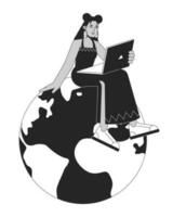 Hispanic woman sitting on planet bw concept vector spot illustration. Remote work. Freelancer 2D cartoon flat line monochromatic character for web UI design. Editable isolated outline hero image