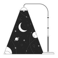 Lamppost light planets galaxy bw concept vector spot illustration. Moon crescent stars streetlight city 2D cartoon flat line monochromatic scene for web UI design. Editable isolated outline hero image