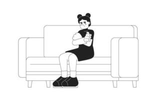 Displeased young girl with folded hands monochromatic flat vector character. Moody teenager sitting on couch. Editable thin line person on white. Simple bw cartoon spot image for web graphic design