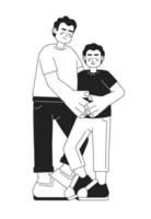 Latino father hugging young preteen son monochromatic flat vector characters. Positive parent with child. Editable thin line people on white. Simple bw cartoon spot image for web graphic design