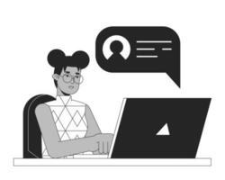 African american freelance girl bw concept vector spot illustration. Online communication on laptop 2D cartoon flat line monochromatic character for web UI design. Editable isolated outline hero image