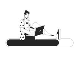 Freelancer with laptop on black white error 404 flash message. Remote work on vacation. Monochrome empty state ui design. Page not found popup cartoon image. Vector flat outline illustration concept