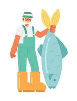 Happy senior man catching fish semi flat color vector character. Editable full body fisherman on white. Simple cartoon spot illustration for web graphic design