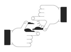 Sun clouds in finger frame bw concept vector spot illustration. Finger focus 2D cartoon flat line monochromatic hands for web UI design. New perspective editable isolated outline hero image