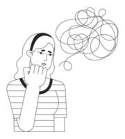 Unhappy caucasian girl bw concept vector spot illustration. Chaos anxiety thoughts 2D cartoon flat line monochromatic character for web UI design. Editable isolated outline hero image