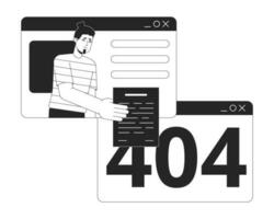 Man hands over blank to browse window black white error 404 flash message. Remote work. Monochrome empty state ui design. Page not found popup cartoon image. Vector flat outline illustration concept