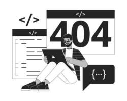 Developer website create black white error 404 flash message. African american programmer working. Monochrome empty state ui design. Page not found cartoon image. Vector flat illustration concept