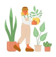 Indoor garden 2D vector isolated spot illustration. Gardener flat cute blonde woman holding flower pot on white background. Gardening hobby colorful editable scene