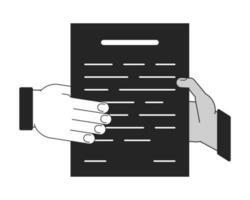 Hand gives document to hand flat monochrome isolated vector object. Share information. Editable black and white line art drawing. Simple outline spot illustration for web graphic design