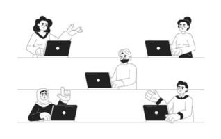 multicultural personas trabajando en laptops monocromo plano vector caracteres. editable Delgado línea medio cuerpo autónomos en trabajo en blanco. sencillo bw dibujos animados Mancha imagen para web gráfico diseño