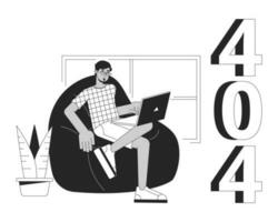 Remote work from home black white error 404 flash message. Freelancer at home office. Monochrome empty state ui design. Page not found popup cartoon image. Vector flat outline illustration concept