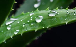 agua gotas en un áloe hoja. ai, generativo ai foto