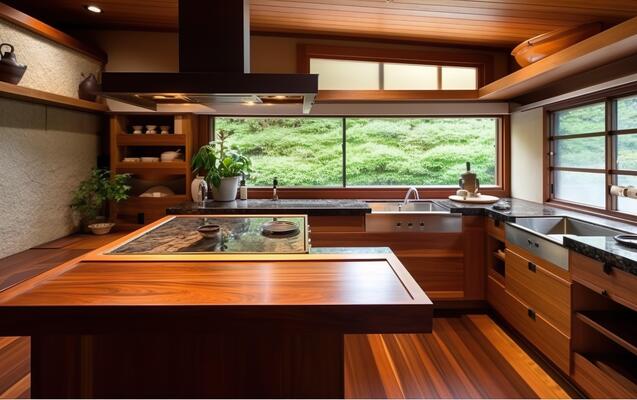 Side view on a wooden table and spacious loft kitchen with vintage ...