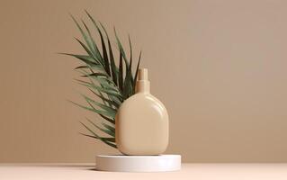 Cosmetic product in a beige bottle on a white podium with a leaf on a beige background. AI, Generative AI photo