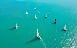 Yachts in the clear azure sea at dawn. AI, photo