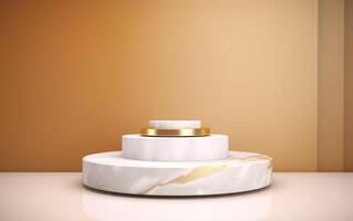 Marble round podium on beige background. Food or product podium, AI Generated photo