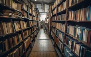 Corridor from bookcases in the library. AI, photo