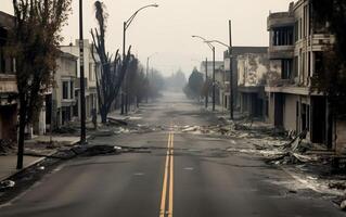 A road in a dilapidated smoky city with burned-out buildings. AI, photo
