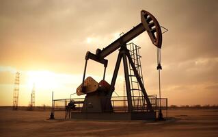 A rig extracting oil in the desert at dawn. AI, photo