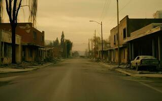 un la carretera en un arruinado ahumado ciudad con quemado edificios ai, generativo ai foto