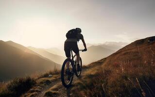 montaña andar en bicicleta ciclista en un montaña sendero a amanecer. ai, generativo ai foto