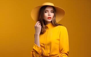 Portrait of a young girl wearing a yellow hat and a yellow poncho on yellow background. AI, photo