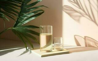 Glass of water on beige background with plant. AI, Generative AI photo