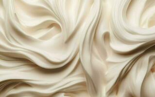 Soft curvy gray fluid cheese with space for text. Whirl light beige eddy surface. Yummy sweet vanilla yoghurt spread. Close up view photo