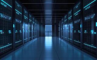 A corridor in a server room with many server racks and a light at the end. AI, photo