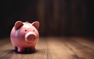 Piggy bank on a wooden floor on a dark background. AI, Generative AI photo